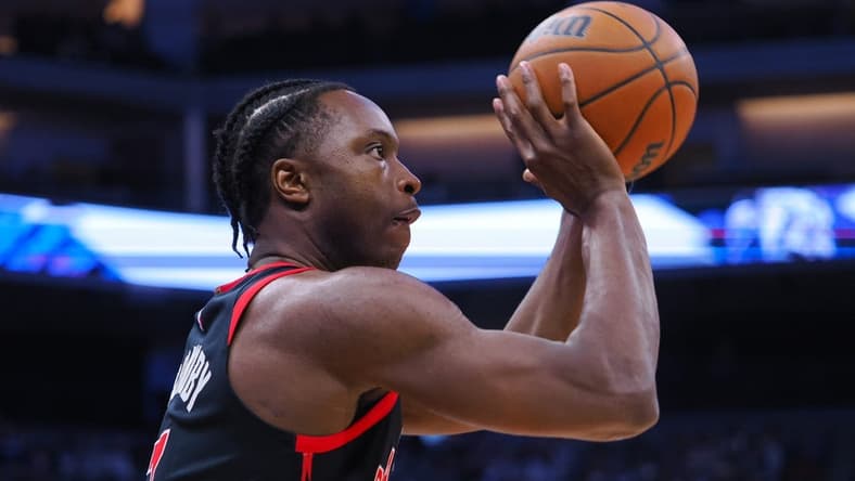 Jan 25, 2023; Sacramento, California, USA; Toronto Raptors small forward OG Anunoby (3) warms up before the game against the Sacramento Kings at Golden 1 Center. Mandatory Credit: Kelley L Cox-USA TODAY Sports