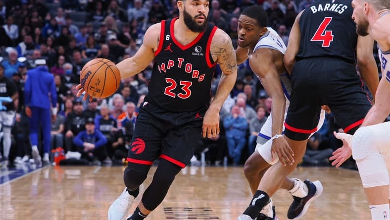 Jan 25, 2023; Sacramento, California, USA; Toronto Raptors point guard Fred VanVleet (23) controls the ball as power forward Scottie Barnes (4) sets a screen against Sacramento Kings point guard De'Aaron Fox (5) during the first quarter at Golden 1 Center. Mandatory Credit: Kelley L Cox-USA TODAY Sports