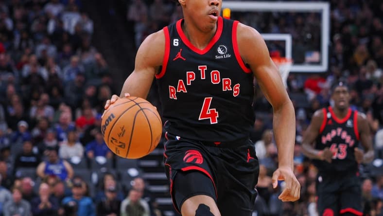 Jan 25, 2023; Sacramento, California, USA; Toronto Raptors power forward Scottie Barnes (4) controls the ball during the first quarter against the Sacramento Kings at Golden 1 Center. Mandatory Credit: Kelley L Cox-USA TODAY Sports