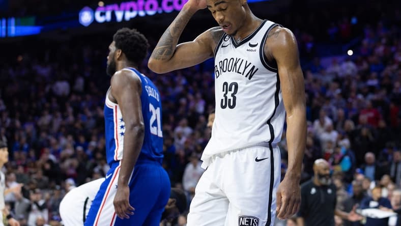 Jan 25, 2023; Philadelphia, Pennsylvania, USA; Brooklyn Nets center Nic Claxton (33) reacts after a Philadelphia 76ers score during the fourth quarter at Wells Fargo Center. Mandatory Credit: Bill Streicher-USA TODAY Sports