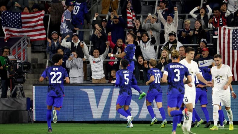 Jan 25, 2023; Los Angeles, California, USA; USA forward Brandon Vazquez (8) celebrates after scoring a goal during the first half against the Serbia at BMO Stadium. Mandatory Credit: Kiyoshi Mio-USA TODAY Sports