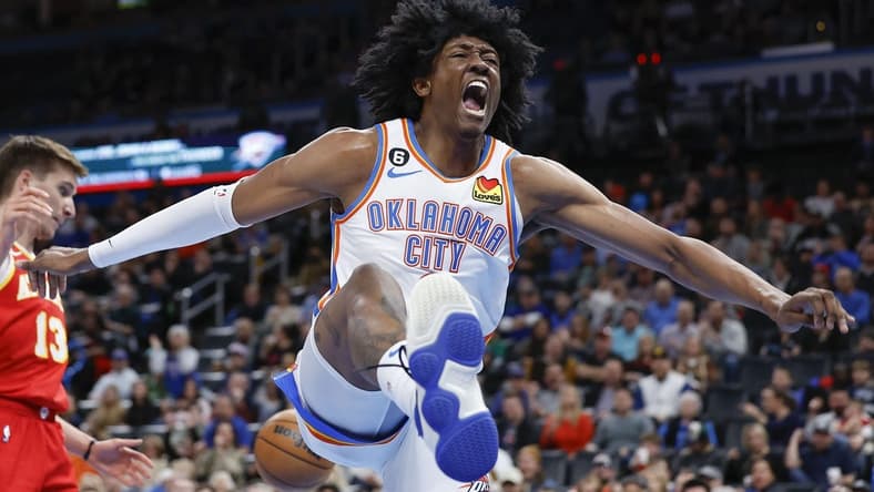 Jan 25, 2023; Oklahoma City, Oklahoma, USA; Oklahoma City Thunder forward Jalen Williams (8) celebrates after dunking against the Atlanta Hawks during the second half at Paycom Center. Mandatory Credit: Alonzo Adams-USA TODAY Sports