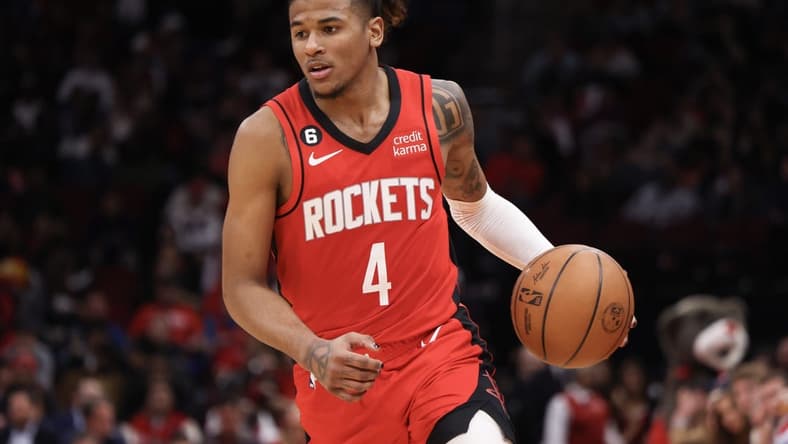Jan 25, 2023; Houston, Texas, USA; Houston Rockets guard Jalen Green (4) dribbles against the Washington Wizards in the third quarter at Toyota Center. Mandatory Credit: Thomas Shea-USA TODAY Sports