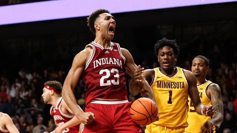 Jan 25, 2023; Minneapolis, Minnesota, USA; Indiana Hoosiers forward Trayce Jackson-Davis (23) reacts to his shot against the Minnesota Golden Gophers during the second half at Williams Arena. Mandatory Credit: Matt Krohn-USA TODAY Sports