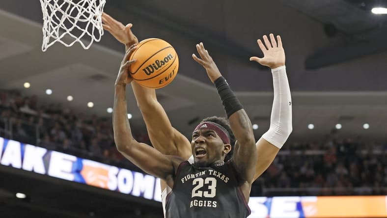 Jan 25, 2023; Auburn, Alabama, USA; Texas A&M Aggies guard Tyrece Radford (23) goes up for a shot against the Auburn Tigers during the first half at Neville Arena. Redford scored 30 points in the victory over Auburn. Mandatory Credit: John Reed-USA TODAY Sports