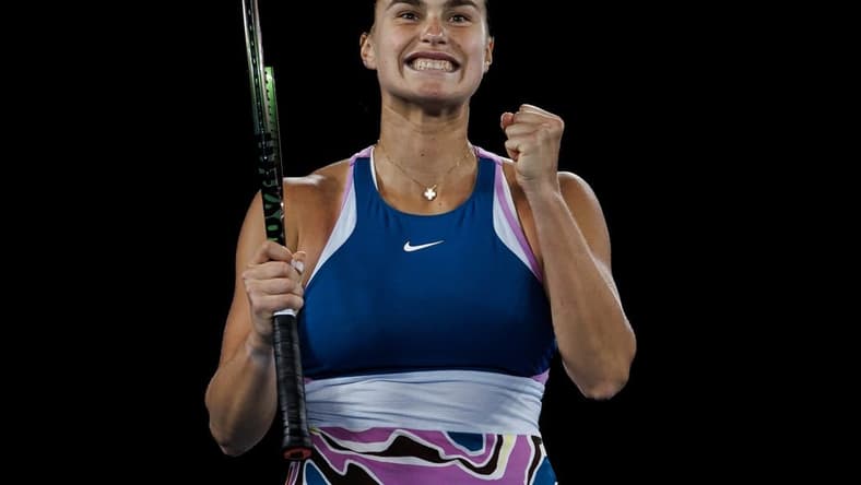 Jan 26, 2023; Melbourne, Victoria, Australia; Aryna Sabalenka of Russia celebrates her victory over Magda Linette of Poland on day eleven of the 2023 Australian Open tennis tournament at Melbourne Park. Mandatory Credit: Mike Frey-USA TODAY Sports
