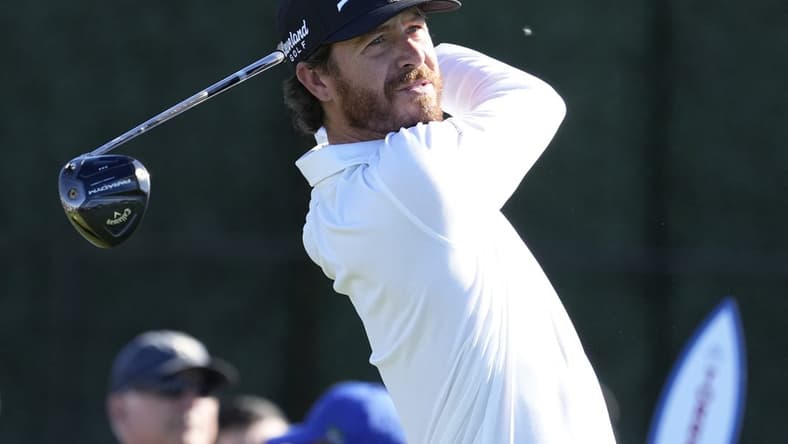 Jan 26, 2023; San Diego, California, USA; Sam Ryder hits his tee shot on the 1st hole during the second round of the Farmers Insurance Open golf tournament at Torrey Pines Municipal Golf Course - South Course. Mandatory Credit: Ray Acevedo-USA TODAY Sports