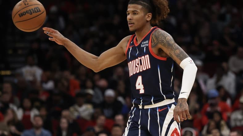 Jan 26, 2023; Houston, Texas, USA; Houston Rockets guard Jalen Green (4) passes against the Cleveland Cavaliers in the second quarter at Toyota Center. Mandatory Credit: Thomas Shea-USA TODAY Sports