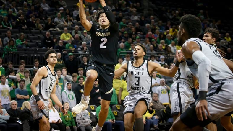 Colorado guard KJ Simpson goes up for a shot as the Oregon Ducks host the Colorado Buffaloes at Matthew Knight Arena in Eugene, Ore. Thursday, Jan. 26, 2023.

Ncaa Basketball Uo Mbb Vs Colorado