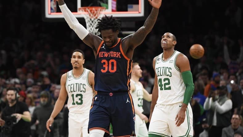 Jan 26, 2023; Boston, Massachusetts, USA; New York Knicks forward Julius Randle (30) reacts after defeating the Boston Celtics at TD Garden. Mandatory Credit: Bob DeChiara-USA TODAY Sports
