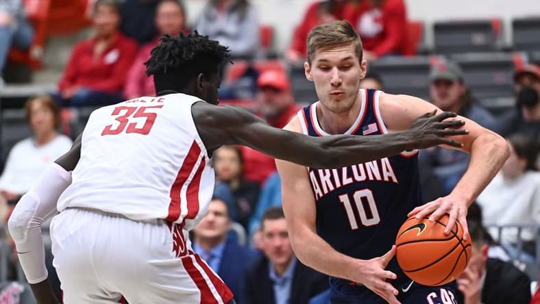 Jan 26, 2023; Pullman, Washington, USA; Arizona Wildcats forward Azuolas Tubelis (10) runs the baseline against Washington State Cougars forward Mouhamed Gueye (35) in the first half at Friel Court at Beasley Coliseum. Mandatory Credit: James Snook-USA TODAY Sports