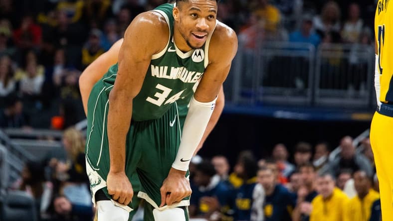Jan 27, 2023; Indianapolis, Indiana, USA; Milwaukee Bucks forward Giannis Antetokounmpo (34) reacts to a and one dunk in the second half against the Indiana Pacers at Gainbridge Fieldhouse. Mandatory Credit: Trevor Ruszkowski-USA TODAY Sports