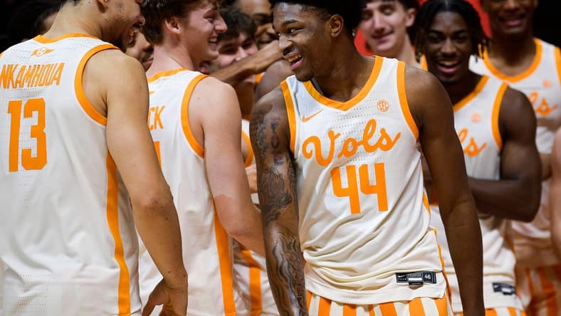 Tennessee guard D.J. Jefferson (44) celebrates a dunk during ESPN's 'College GameDay' broadcast ahead of No. 4 Tennessee's basketball game against No. 10 Texas at Thompson-Boling Arena in Knoxville, Tenn., on Saturday, Jan. 28, 2023.

Kns Ut Basketball College Gameday