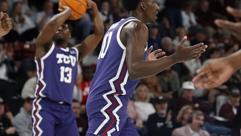 Jan 28, 2023; Starkville, Mississippi, USA; TCU Horned Frogs guard Damion Baugh (10) reacts to a charging foul during the first half against the Mississippi State Bulldogs at Humphrey Coliseum. Mandatory Credit: Petre Thomas-USA TODAY Sports