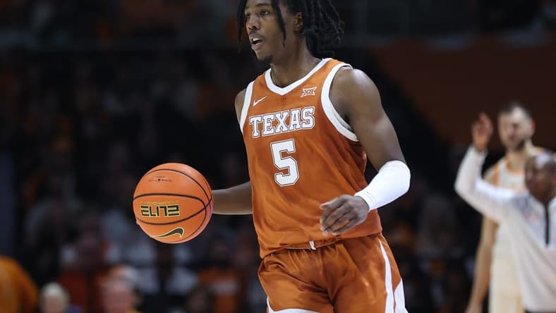 Jan 28, 2023; Knoxville, Tennessee, USA; Texas Longhorns guard Marcus Carr (5) brings the ball up court against the Tennessee Volunteers during the second half at Thompson-Boling Arena. Mandatory Credit: Randy Sartin-USA TODAY Sports