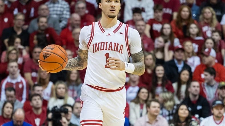 Jan 28, 2023; Bloomington, Indiana, USA; Indiana Hoosiers guard Jalen Hood-Schifino (1) dribbles the ball in the first half against the Ohio State Buckeyes at Simon Skjodt Assembly Hall. Mandatory Credit: Trevor Ruszkowski-USA TODAY Sports