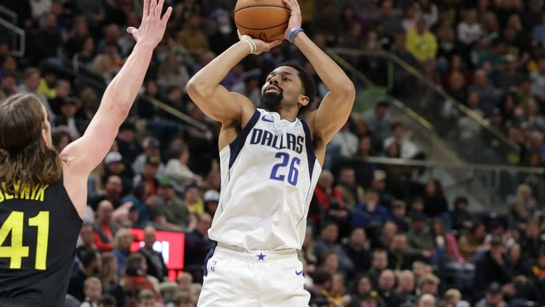 Jan 28, 2023; Salt Lake City, Utah, USA; Dallas Mavericks guard Spencer Dinwiddie (26) shoots the ball during the second quarter against the Utah Jazz at Vivint Arena. Mandatory Credit: Chris Nicoll-USA TODAY Sports