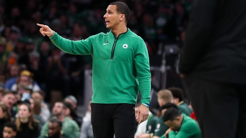 Jan 28, 2023; Boston, Massachusetts, USA; Boston Celtics head coach Joe Mazzulla reacts during the second half against the Los Angeles Lakers at TD Garden. Mandatory Credit: Paul Rutherford-USA TODAY Sports