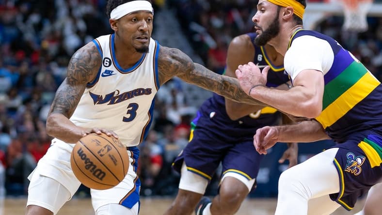 Jan 28, 2023; New Orleans, Louisiana, USA; Washington Wizards guard Bradley Beal (3) dribbles against New Orleans Pelicans forward Larry Nance Jr. (22) during the second half at Smoothie King Center. Mandatory Credit: Stephen Lew-USA TODAY Sports