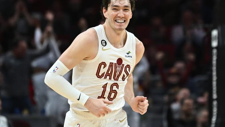 Jan 29, 2023; Cleveland, Ohio, USA; Cleveland Cavaliers forward Cedi Osman (16) smiles after a basket during the second half against the Los Angeles Clippers at Rocket Mortgage FieldHouse. Mandatory Credit: Ken Blaze-USA TODAY Sports