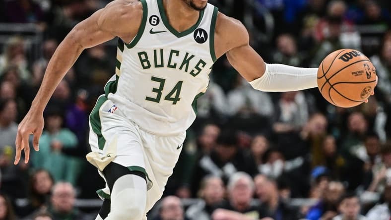 Jan 29, 2023; Milwaukee, Wisconsin, USA; Milwaukee Bucks forward Giannis Antetokounmpo (34) drives for the basket in the third quarter during game against the New Orleans Pelicans at Fiserv Forum. Mandatory Credit: Benny Sieu-USA TODAY Sports