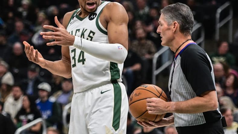 Jan 29, 2023; Milwaukee, Wisconsin, USA; Milwaukee Bucks forward Giannis Antetokounmpo (34) reacts to a call in the second quarter during game against the New Orleans Pelicans at Fiserv Forum. Mandatory Credit: Benny Sieu-USA TODAY Sports