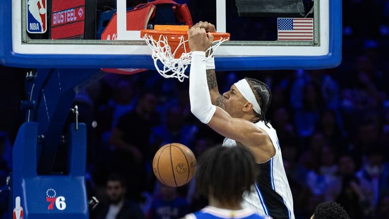 Jan 30, 2023; Philadelphia, Pennsylvania, USA; Orlando Magic forward Paolo Banchero (5) dunks the ball against the Philadelphia 76ers during the fourth quarter at Wells Fargo Center. Mandatory Credit: Bill Streicher-USA TODAY Sports