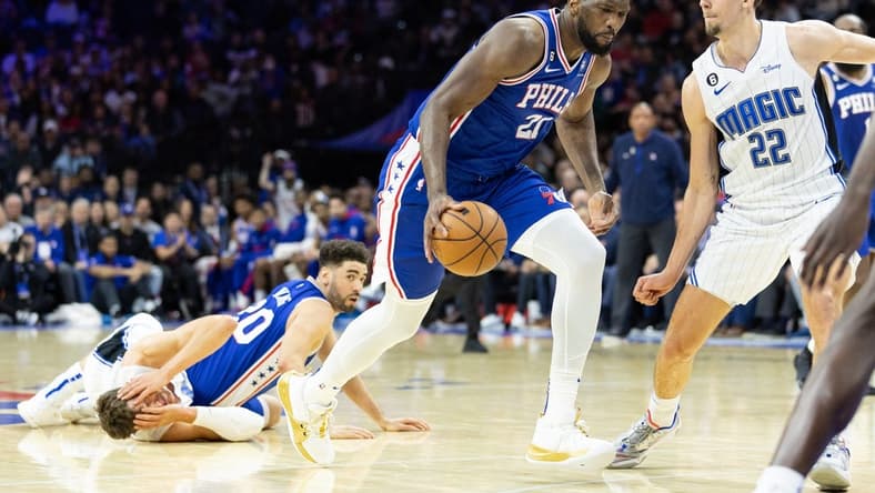 Jan 30, 2023; Philadelphia, Pennsylvania, USA; Philadelphia 76ers center Joel Embiid (21) dribbles the ball after a pass from Georges Niang (20) against Orlando Magic center Moritz Wagner (21) in front of forward Franz Wagner (22) during the fourth quarter at Wells Fargo Center. Mandatory Credit: Bill Streicher-USA TODAY Sports