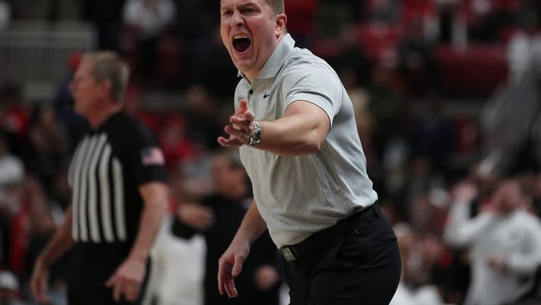Jan 30, 2023; Lubbock, Texas, USA; Iowa State Cyclones head coach TJ Otzelberger argues a call in overtime during the game against the Texas Tech Red Raiders at United Supermarkets Arena. Mandatory Credit: Michael C. Johnson-USA TODAY Sports