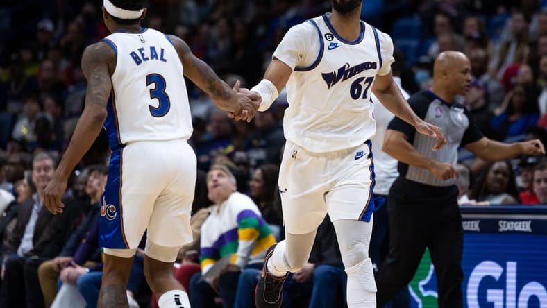 Jan 28, 2023; New Orleans, Louisiana, USA; Washington Wizards forward Taj Gibson (67) and guard Bradley Beal (3) against the New Orleans Pelicans during the first half at Smoothie King Center. Mandatory Credit: Stephen Lew-USA TODAY Sports