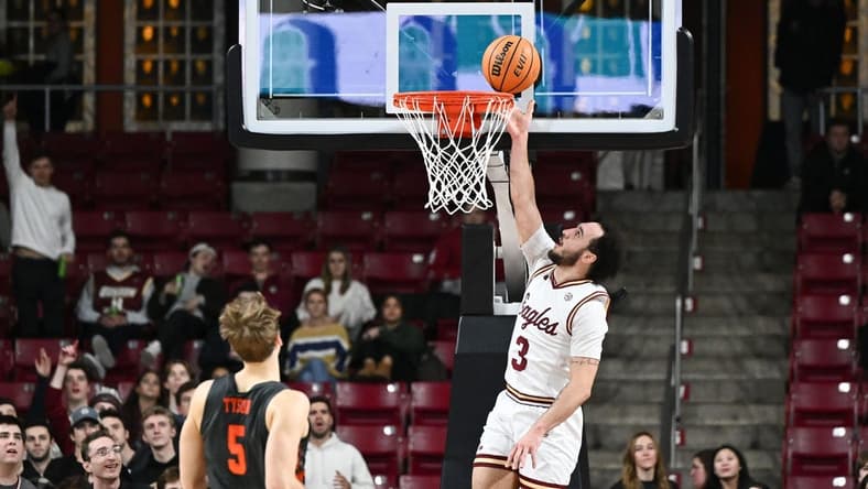 Jan 31, 2023; Chestnut Hill, Massachusetts, USA; Boston College Eagles guard Jaeden Zackery (3) scores against the Clemson Tigers during the first half at the Conte Forum. Mandatory Credit: Brian Fluharty-USA TODAY Sports