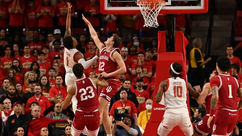 Jan 31, 2023; College Park, Maryland, USA; Maryland Terrapins guard Jahmir Young (1) shoots a layup during the first half against the Indiana Hoosiers at Xfinity Center. Mandatory Credit: Tommy Gilligan-USA TODAY Sports