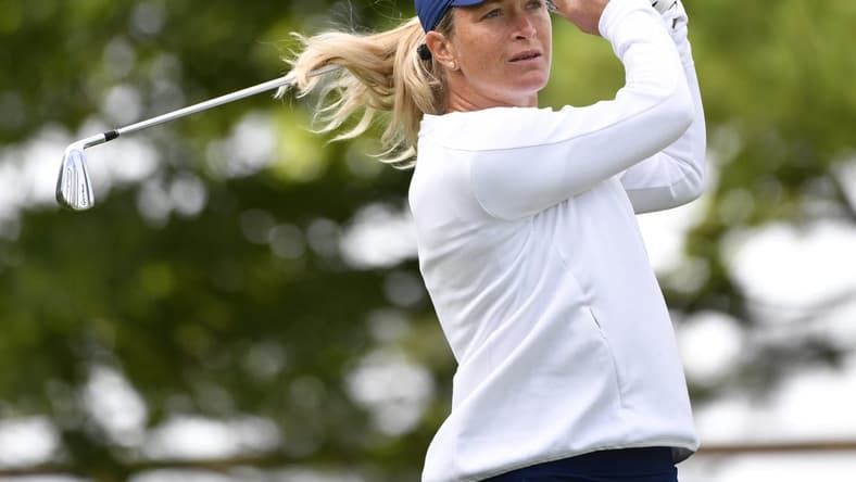 Aug 22, 2019; Aurora, Ontario, CAN; Suzann Pettersen tees off on the second hole in the first round of the CP Womens Open golf tournament at Magna Golf Club. Mandatory Credit: Eric Bolte-USA TODAY Sports