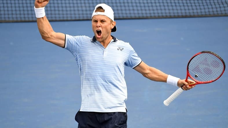 Aug 27, 2019; Flushing, NY, USA; Radu Albot of Moldova reacts after winning a point against Alexander Zverev of Germany on day two of the 2019 U.S. Open tennis tournament at USTA Billie Jean King National Tennis Center. Mandatory Credit: Danielle Parhizkaran-USA TODAY Sports