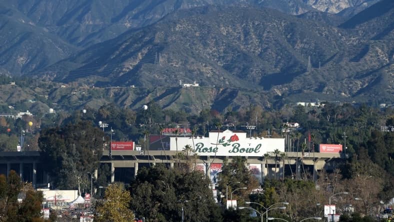 Jan 1, 2020; Pasadena, California, USA; General overall view of Rose Bowl Stadium and the San Gabriel Mountains before the 106th Rose Bowl between the Oregon Ducks and the Wisconsin Badgers. Mandatory Credit: Kirby Lee-USA TODAY Sports