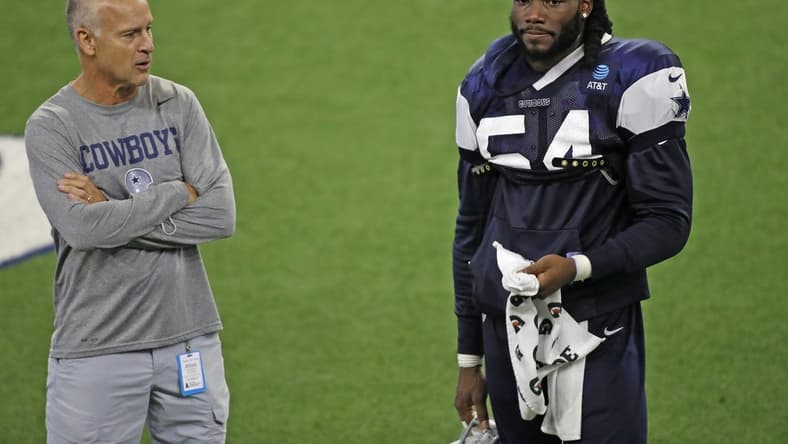 Aug 24, 2020; Frisco, TX, USA;  Dallas Cowboys player Jaylon Smith (right) talks with Mike Nolan during training camp at Ford Center at The Star in Frisco, Texas.   Mandatory Credit: James D. Smith via USA TODAY Sports