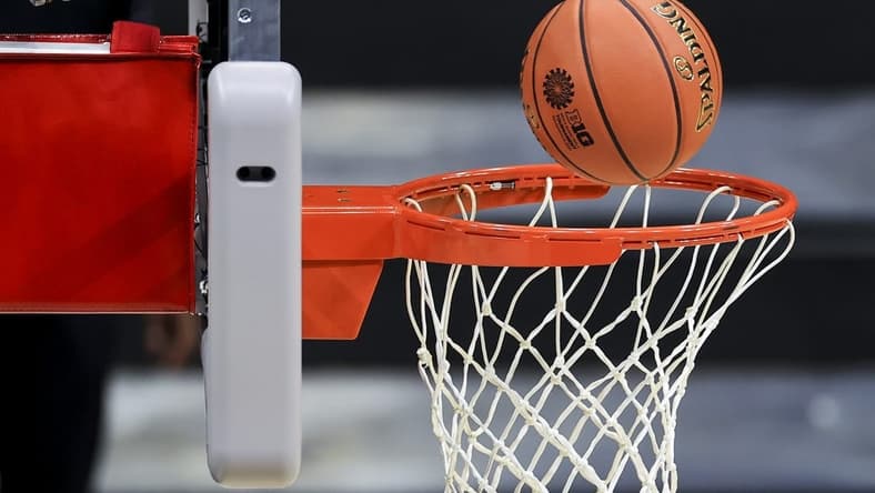 Mar 10, 2021; Indianapolis, Indiana, USA; A view of the official Big Ten Conference Tournament logo on the Spalding game ball during the game between the Minnesota Golden Gophers and the Northwestern Wildcats in the second half at Lucas Oil Stadium. Mandatory Credit: Aaron Doster-USA TODAY Sports