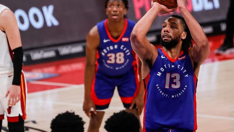 Jahlil Okafor attempts a free throw during the first half at Little Caesars Arena in Detroit on Sunday, May 16, 2021.