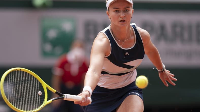 Jun 12, 2021; Paris, France; Barbora Krejcikova (CZE) in action during the women's final match against Anastasia Pavlyuchenkova (RUS) on day 14 of the French Open at Stade Roland Garros. Mandatory Credit: Susan Mullane-USA TODAY Sports