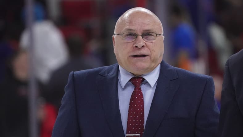 Oct 14, 2021; Raleigh, North Carolina, USA;  New York Islanders head coach Barry Trotz walks off the ice after the game against the Carolina Hurricanes at PNC Arena. Mandatory Credit: James Guillory-USA TODAY Sports