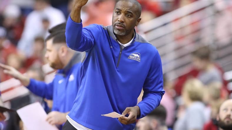Dec 18, 2021; North Little Rock, Arkansas, USA; Hofstra Pride head coach Speedy Claxton motions to his players during the second half against the Arkansas Razorbacks at Simmons Bank Arena. Hofstra won 89-81. Mandatory Credit: Nelson Chenault-USA TODAY Sports