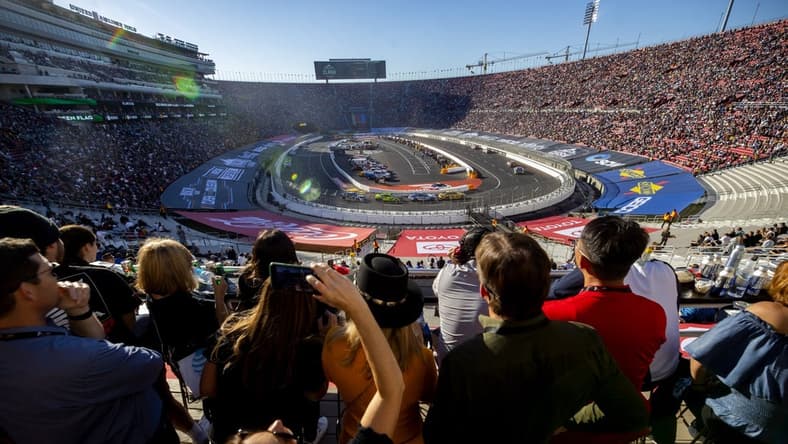 Feb 6, 2022; Los Angeles, California, USA; NASCAR Cup Series fans watch as the field of drivers race during the Busch Light Clash at The Coliseum at Los Angeles Memorial Coliseum. Mandatory Credit: Mark J. Rebilas-USA TODAY Sports