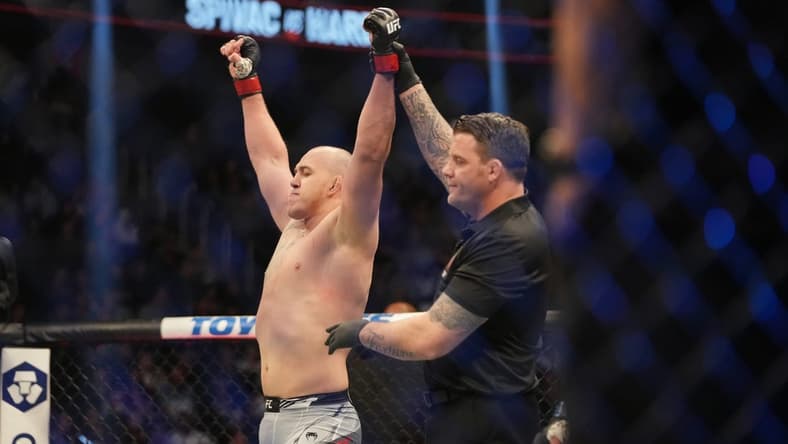 Mar 5, 2022; Las Vegas, Nevada, UNITED STATES; Serghei Spivac celebrates after defeating Greg Hardy (not pictured) during UFC 272 at T-Mobile Arena. Mandatory Credit: Stephen R. Sylvanie-USA TODAY Sports