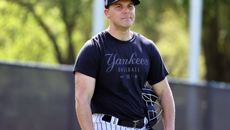 Mar 15, 2022; Tampa, FL, USA; New York Yankees catcher Ben Rortvedt (38) looks on during spring training workouts at George M. Steinbrenner Field. Mandatory Credit: Kim Klement-USA TODAY Sports