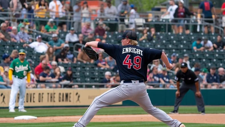 Mar 20, 2022; Mesa, Arizona, USA; Cleveland Guardians pitcher Nic Enright (49) on the mound in the fifth inning against the Oakland Athletics during spring training at Hohokam Stadium. Mandatory Credit: Allan Henry-USA TODAY Sports