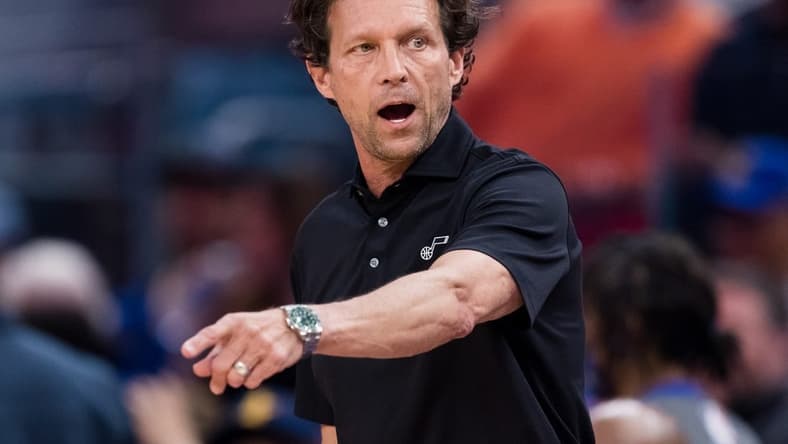 Apr 2, 2022; San Francisco, California, USA;  Utah Jazz head coach Quin Snyder reacts during the first half against the Golden State Warriors at Chase Center. Mandatory Credit: John Hefti-USA TODAY Sports