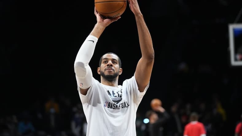 Apr 5, 2022; Brooklyn, New York, USA; Brooklyn Nets center LaMarcus Aldridge (21) warms up prior to the game against the Houston Rockets at Barclays Center. Mandatory Credit: Gregory Fisher-USA TODAY Sports