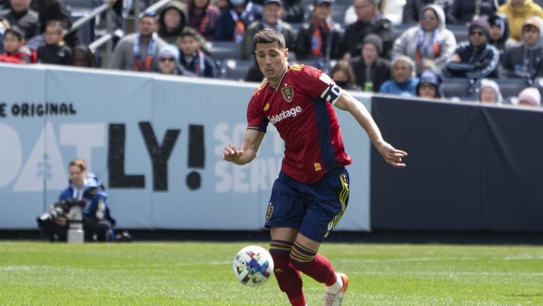 Apr 17, 2022; New York, New York, USA; Real Salt Lake midfielder Damir Kreilach (8) controls the ball against New York City FC during the second half at Yankee Stadium. Mandatory Credit: Gregory Fisher-USA TODAY Sports