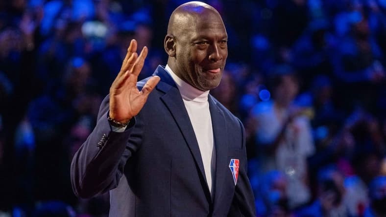February 20, 2022; Cleveland, Ohio, USA; NBA great Michael Jordan is honored for being selected to the NBA 75th Anniversary Team during halftime in the 2022 NBA All-Star Game at Rocket Mortgage FieldHouse. Mandatory Credit: Kyle Terada-USA TODAY Sports