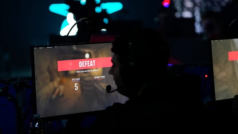 A defeat screem flashes at the end of a round during the Call of Duty League Pro-Am Classic esports tournament at Belong Gaming Arena in Columbus on May 6, 2022.
Call Of Duty Esports Tournament